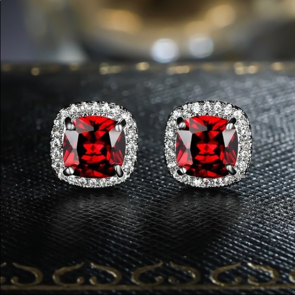 Beautiful Lab Created Ruby and CZ Cushion Cut Halo Earrings - Picture 2 of 3